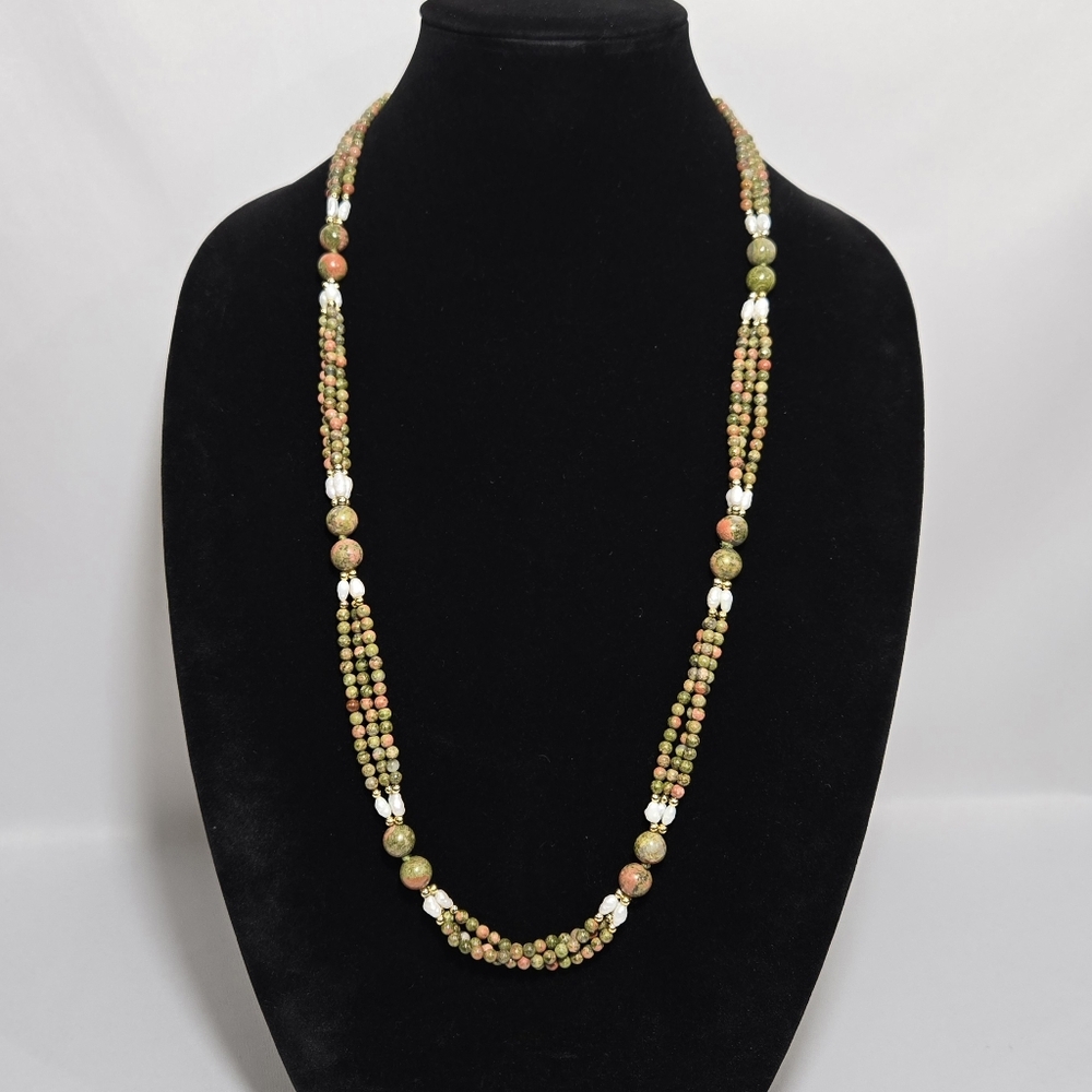 Natural Unakite Jasper Gemstone And Freshwater Pearl Beaded Necklace #1056